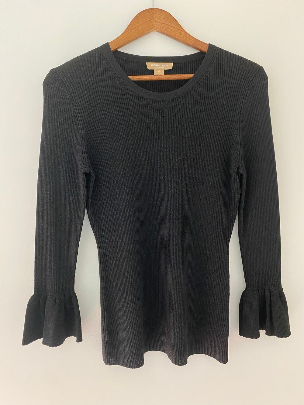 Michael Kors Collection Black Metallic Long Bell Sleeve Sweater Top M Italian